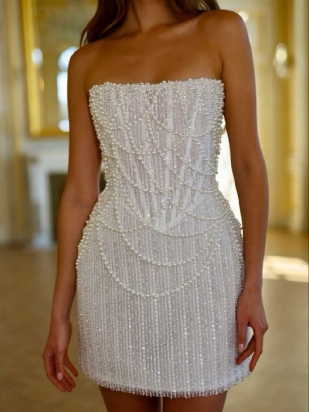 NWT Bridal Wedding Gown Micro Short Mini Dress Sequins Pearls White Bachelorette